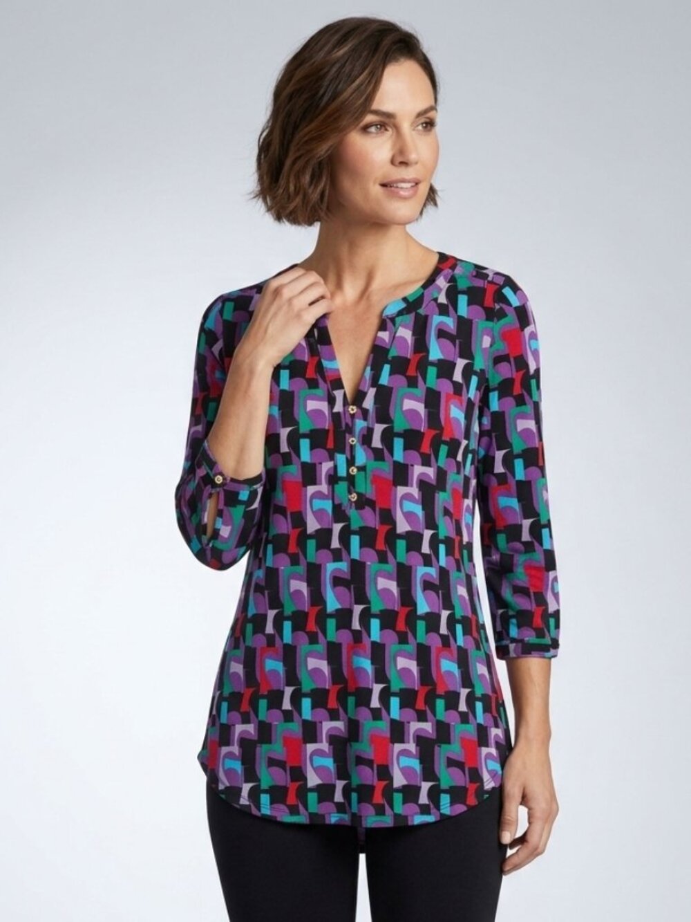 Dana Buchman Abstract Geometric Knit Tunic Blouse Top - S
